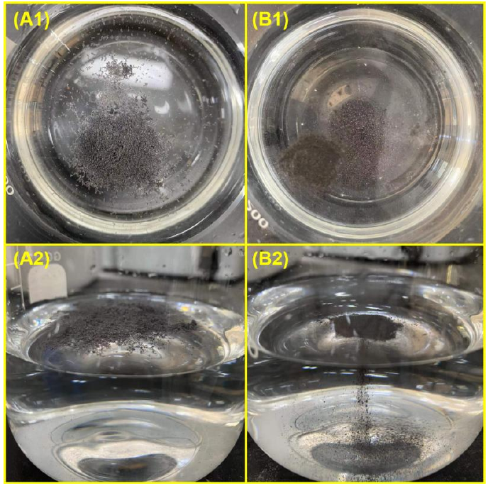 圖 1-3 (A1-2) 原始石墨烯放入水中的照片； (B1-2) 氧等離子處理石墨烯放入水中的照片